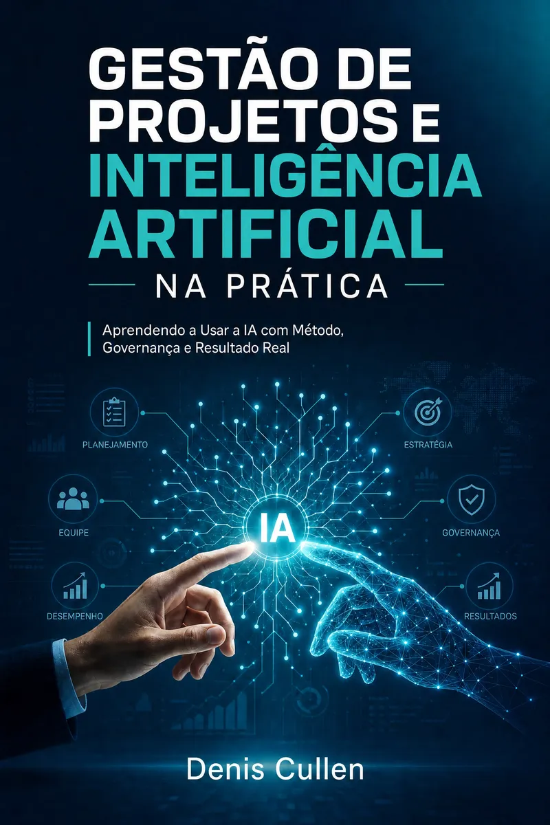 Capa em 3D do E-book - Gestão de Projetos e IA na Prática